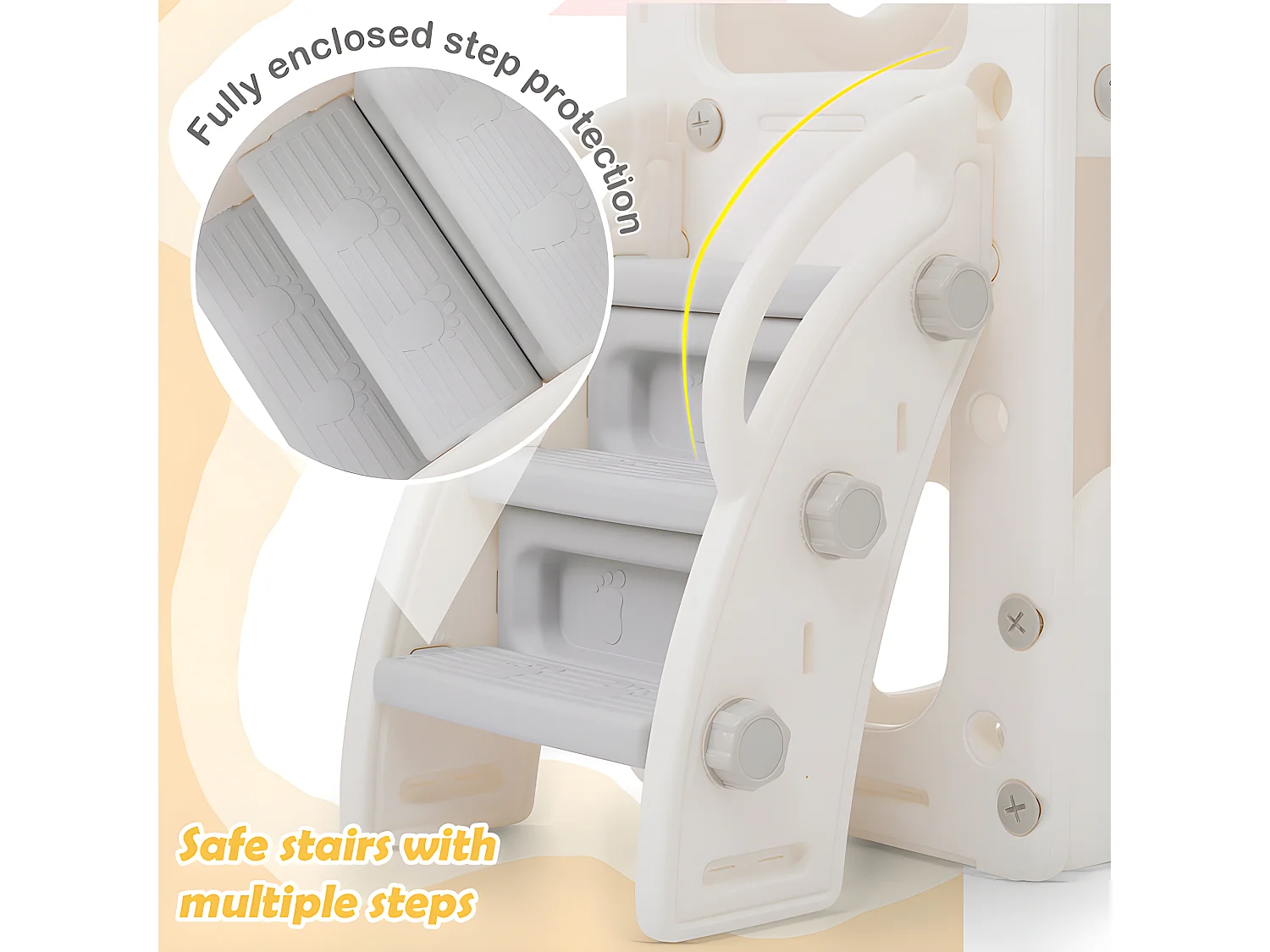 6-in-1-Kinderrutsche – bestehend aus einer Rutsche, einem Basketballkorb, einer Treppe, einem Tunnel und zwei Stauräumen – Polyethylen – Hellgrau