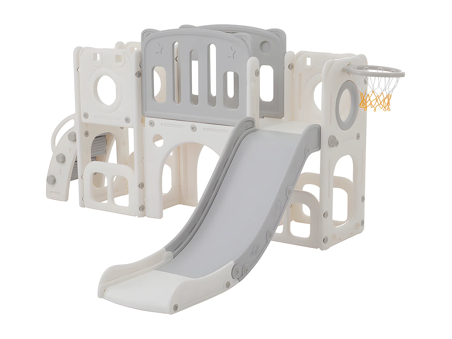Toboggan pour enfants 6 en 1 - composé d'un toboggan, d'un panier de basket, d'un escalier, d'un tunnel et de deux rangements - Polyéthylène - Gris clair