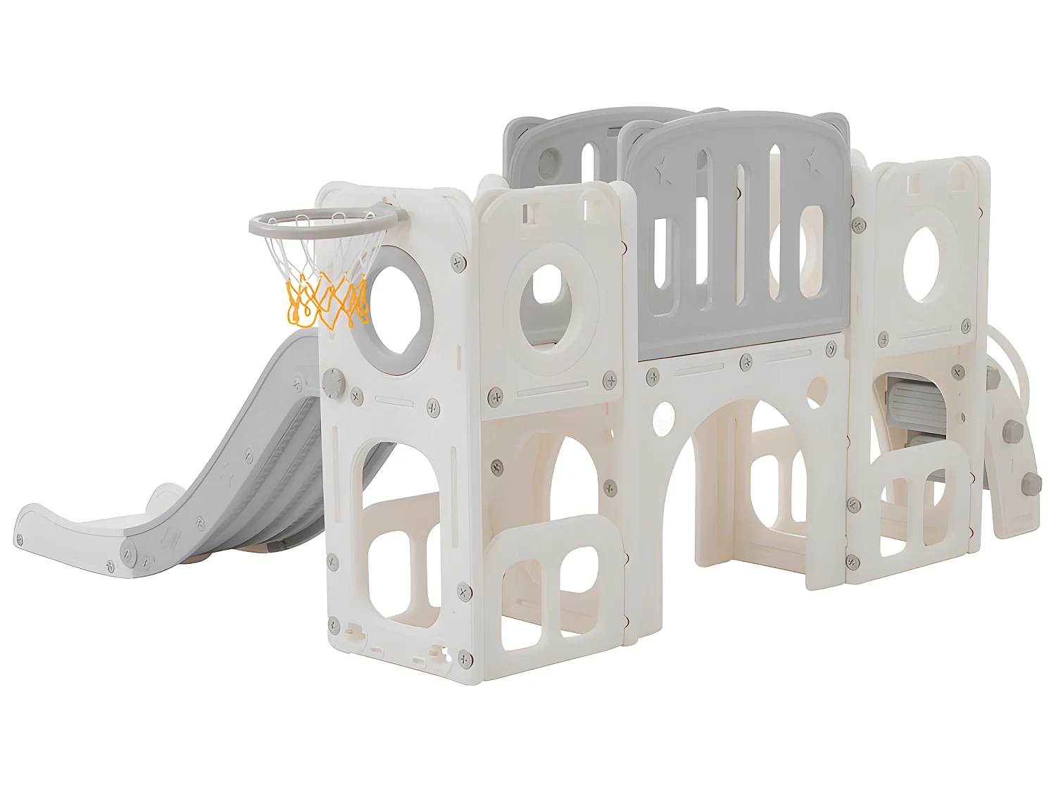 Toboggan pour enfants 6 en 1 - composé d'un toboggan, d'un panier de basket, d'un escalier, d'un tunnel et de deux rangements - Polyéthylène - Gris clair