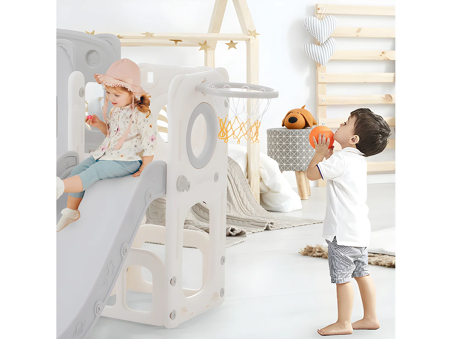 Toboggan pour enfants 6 en 1 - composé d'un toboggan, d'un panier de basket, d'un escalier, d'un tunnel et de deux rangements - Polyéthylène - Gris clair