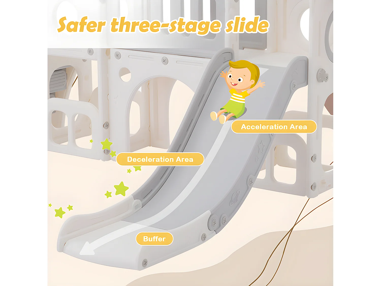 Toboggan pour enfants 6 en 1 - composé d'un toboggan, d'un panier de basket, d'un escalier, d'un tunnel et de deux rangements - Polyéthylène - Gris clair