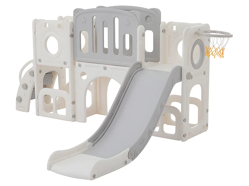 Toboggan pour enfants 6 en 1 - composé d'un toboggan, d'un panier de basket, d'un escalier, d'un tunnel et de deux rangements - Polyéthylène - Gris clair