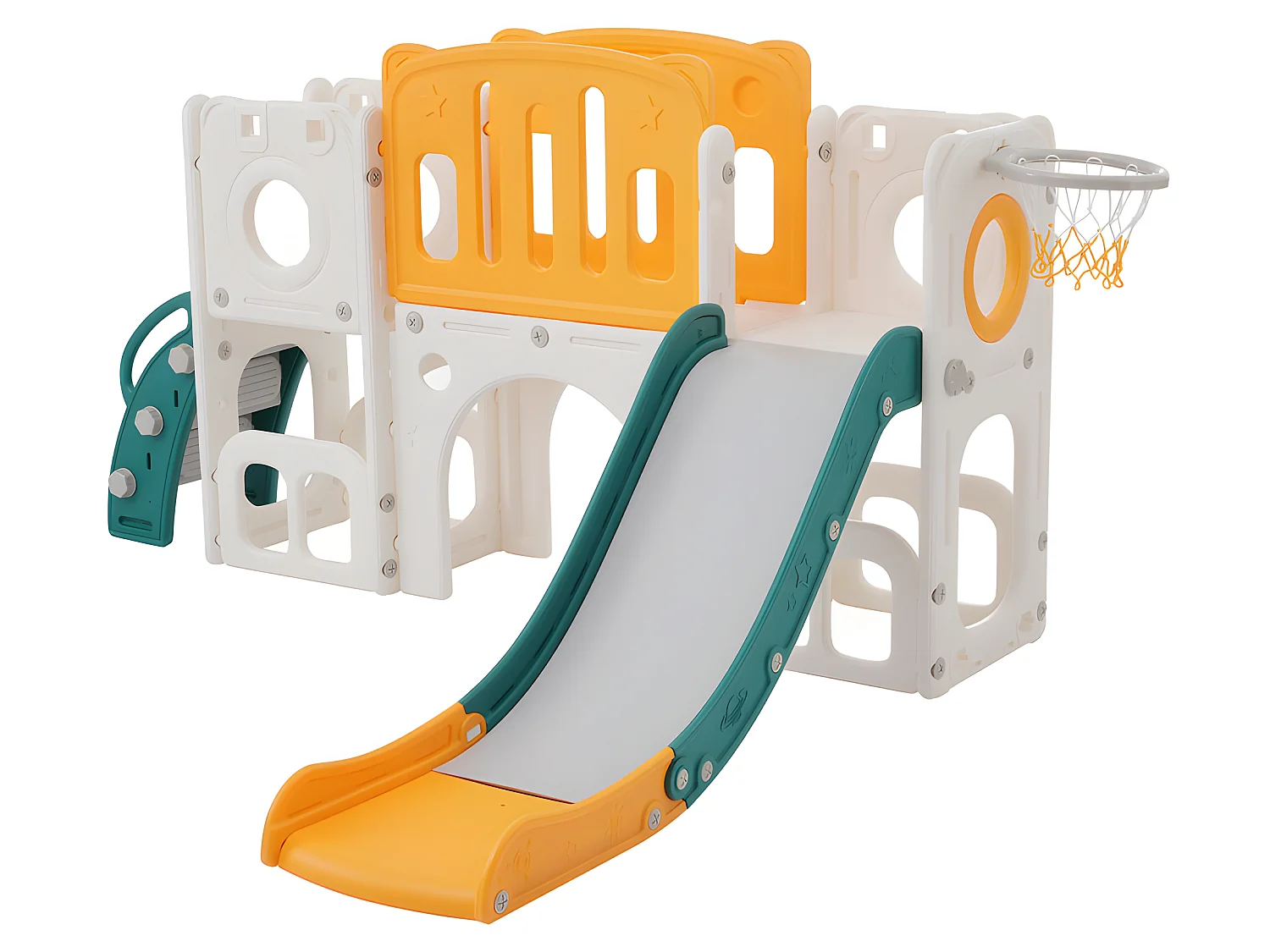 Toboggan pour enfants 6 en 1 - composé d'un toboggan, d'un panier de basket, d'un escalier, d'un tunnel et de deux rangements - Polyéthylène - Vert