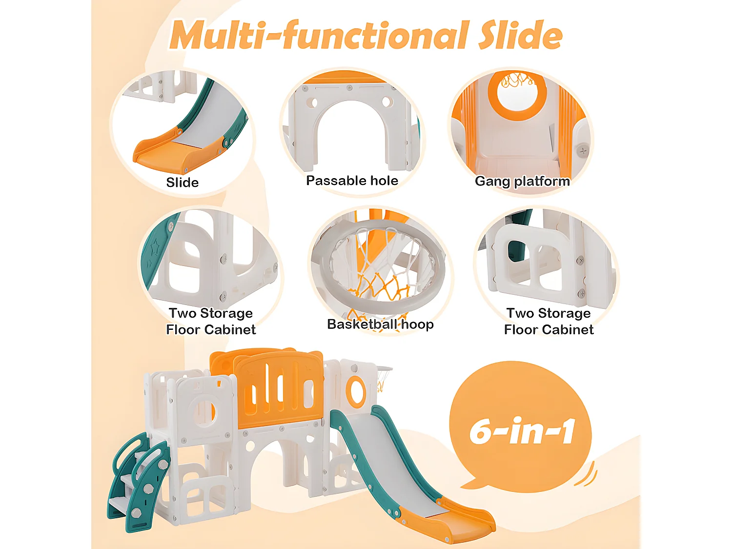 Toboggan pour enfants 6 en 1 - composé d'un toboggan, d'un panier de basket, d'un escalier, d'un tunnel et de deux rangements - Polyéthylène - Vert