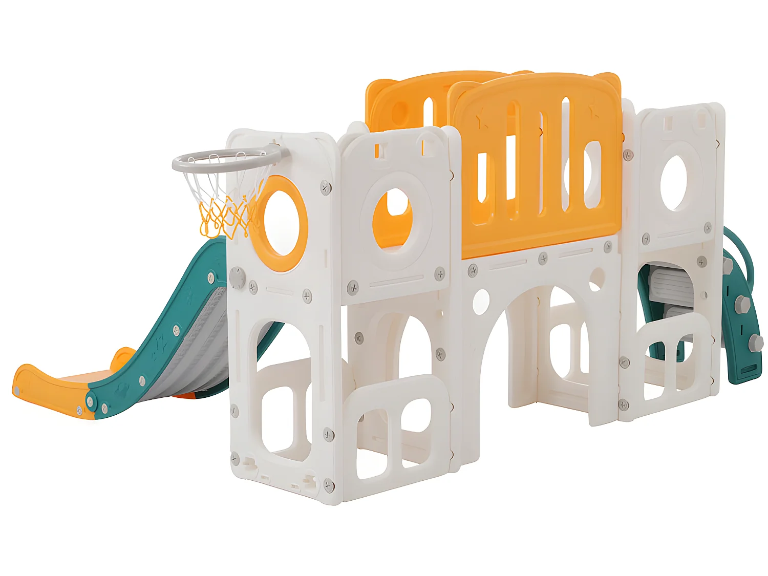 Toboggan pour enfants 6 en 1 - composé d'un toboggan, d'un panier de basket, d'un escalier, d'un tunnel et de deux rangements - Polyéthylène - Vert