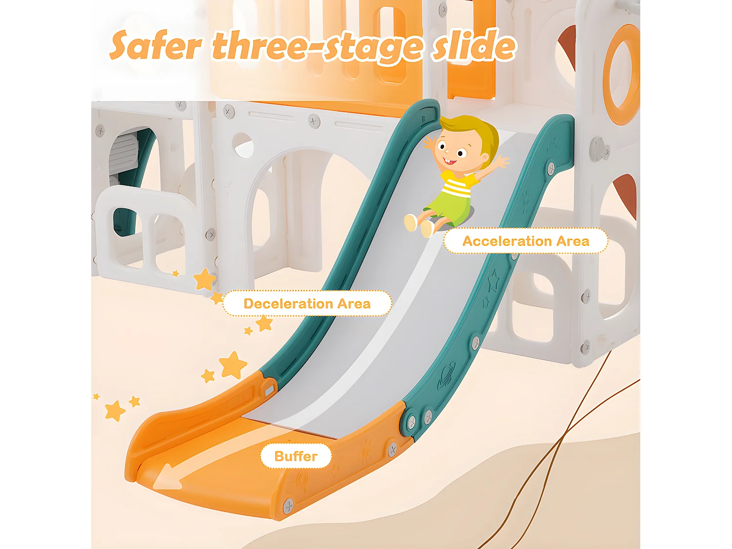 Toboggan pour enfants 6 en 1 - composé d'un toboggan, d'un panier de basket, d'un escalier, d'un tunnel et de deux rangements - Polyéthylène - Vert