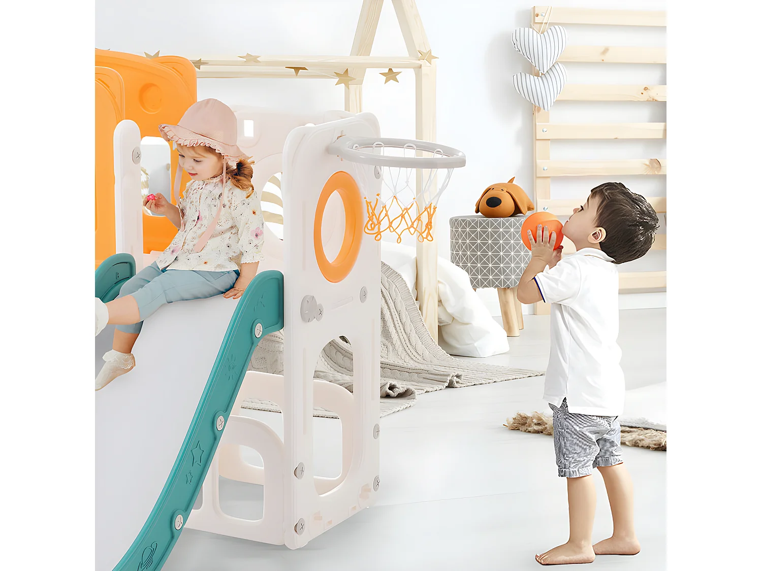 Toboggan pour enfants 6 en 1 - composé d'un toboggan, d'un panier de basket, d'un escalier, d'un tunnel et de deux rangements - Polyéthylène - Vert