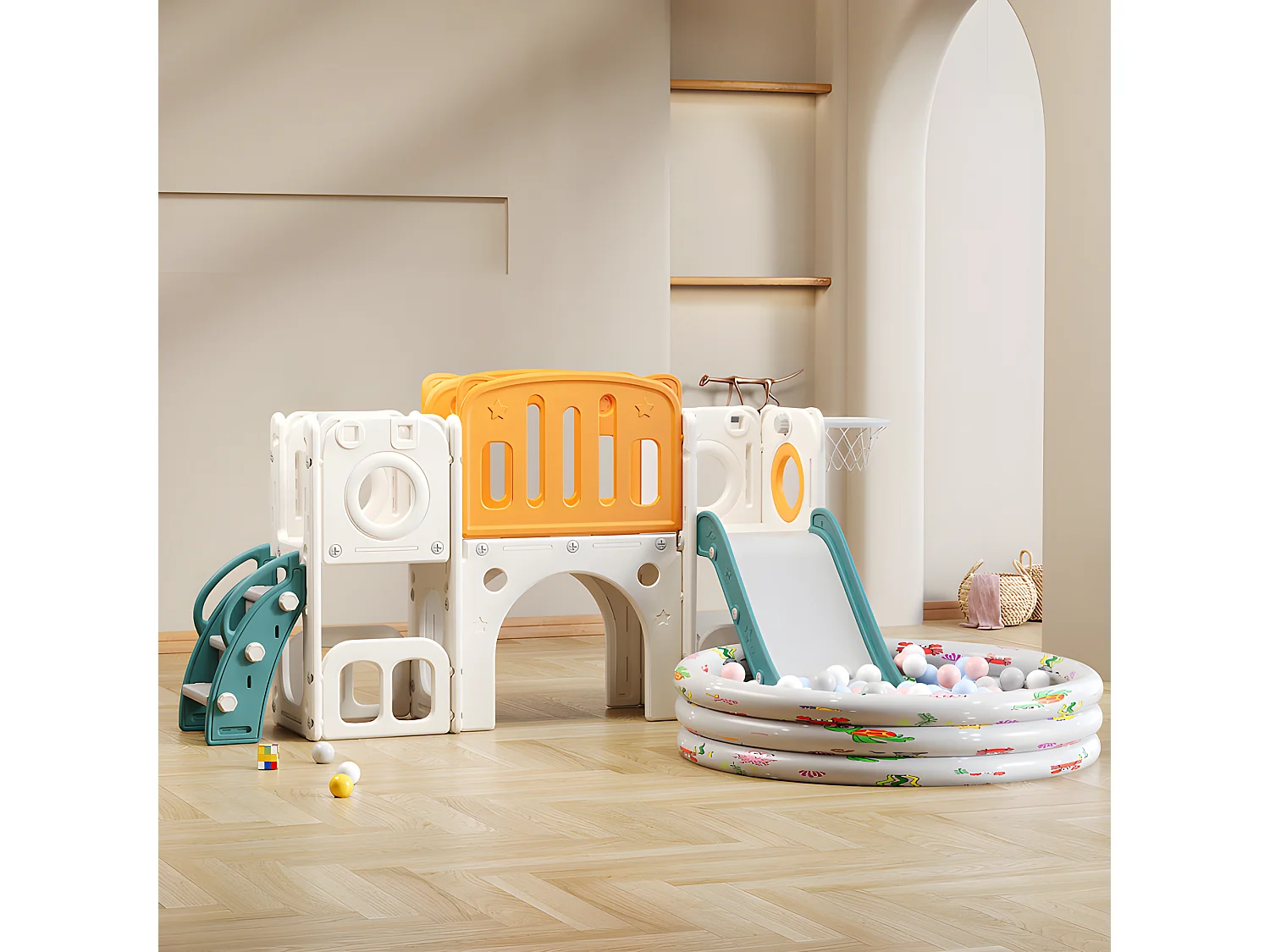 Toboggan pour enfants 6 en 1 - composé d'un toboggan, d'un panier de basket, d'un escalier, d'un tunnel et de deux rangements - Polyéthylène - Vert