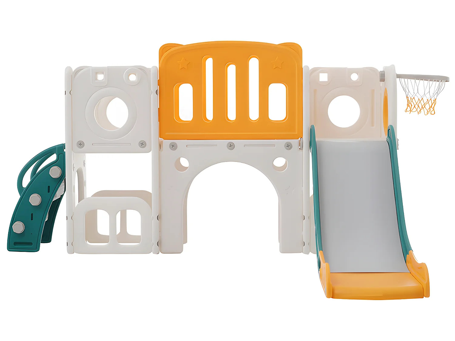 Toboggan pour enfants 6 en 1 - composé d'un toboggan, d'un panier de basket, d'un escalier, d'un tunnel et de deux rangements - Polyéthylène - Vert