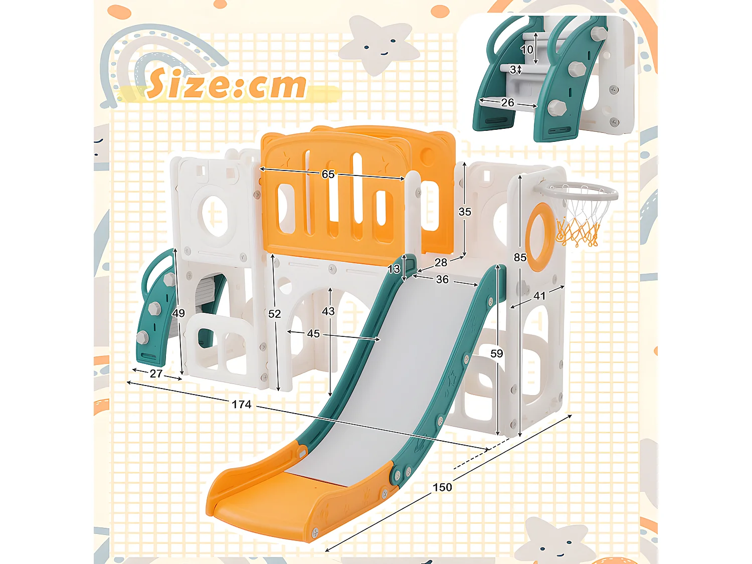 Toboggan pour enfants 6 en 1 - composé d'un toboggan, d'un panier de basket, d'un escalier, d'un tunnel et de deux rangements - Polyéthylène - Vert