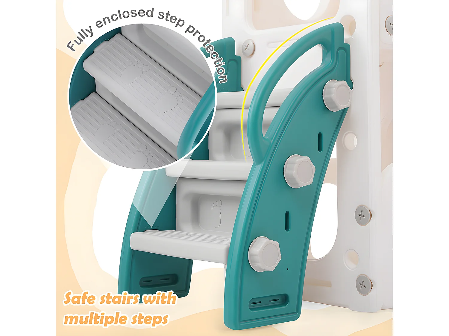 Toboggan pour enfants 6 en 1 - composé d'un toboggan, d'un panier de basket, d'un escalier, d'un tunnel et de deux rangements - Polyéthylène - Vert