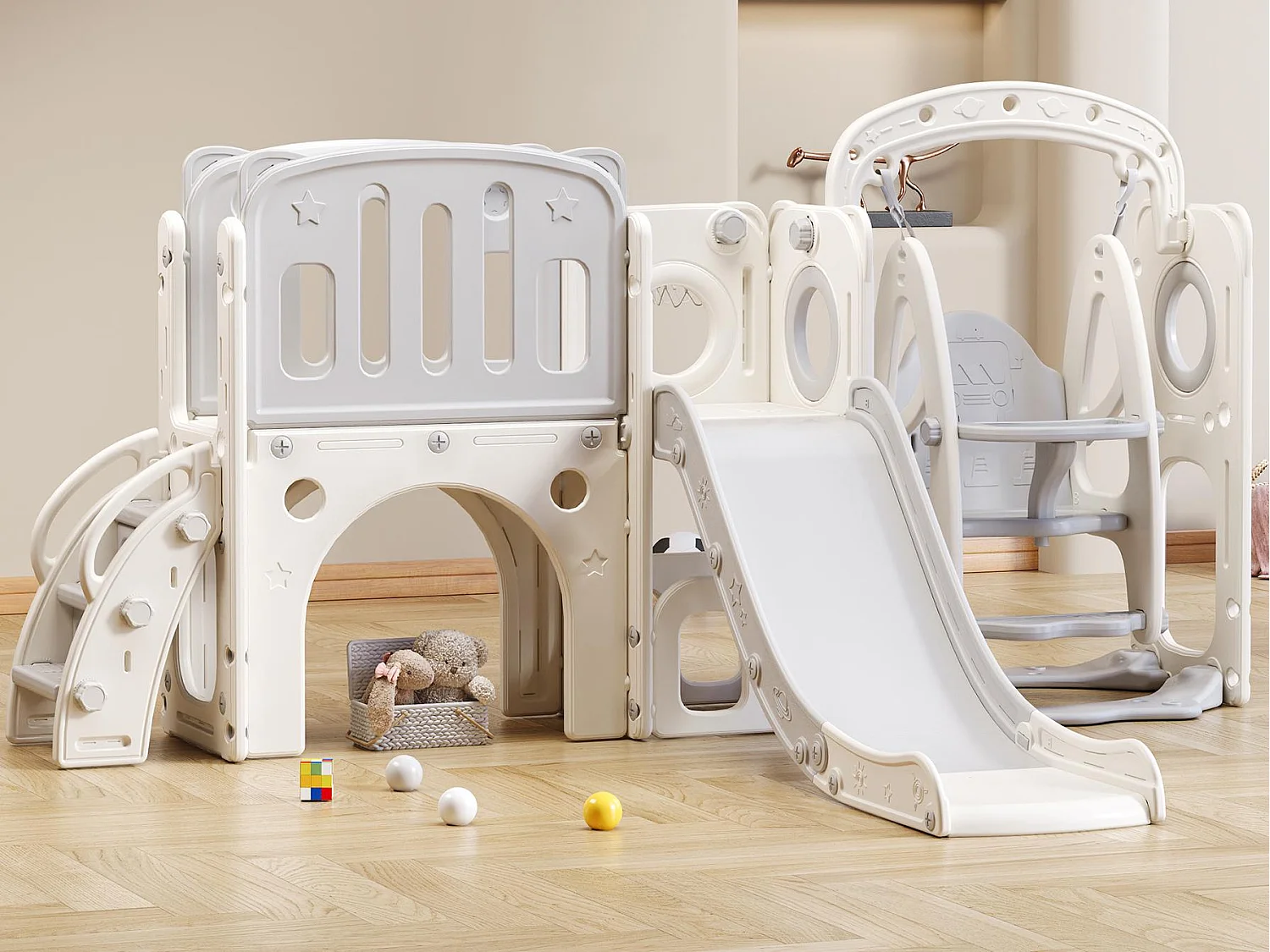 Glijbaan voor kinderen - inclusief glijbaan, trap, platform en opbergruimte - polyethyleen - lichtgrijs