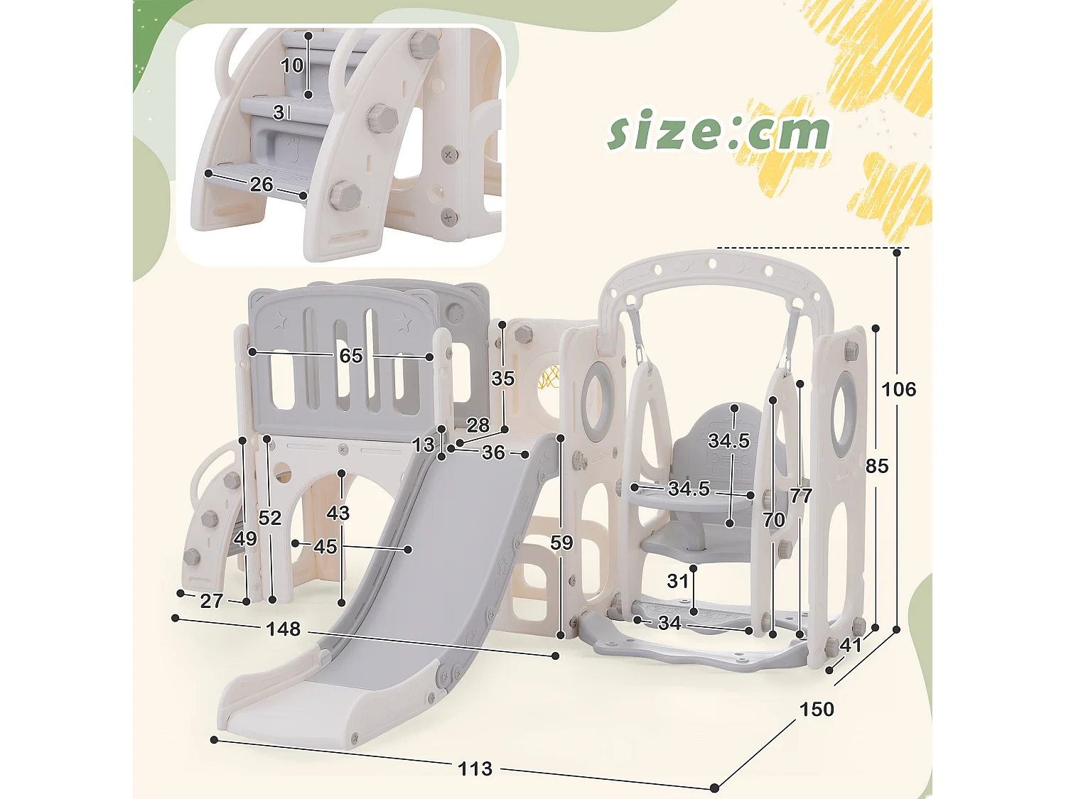 Glijbaan voor kinderen - inclusief glijbaan, trap, platform en opbergruimte - polyethyleen - lichtgrijs