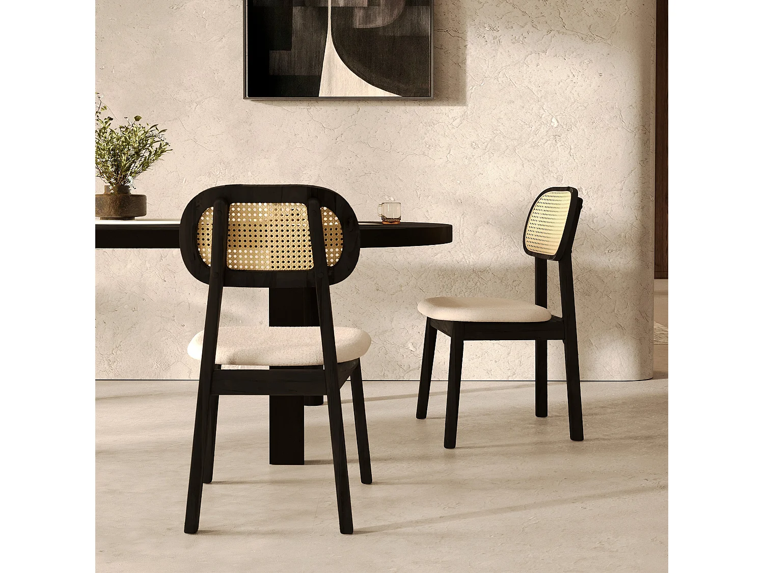 Set de 2 sillas en madera negra, tela beige y ratán - Maria