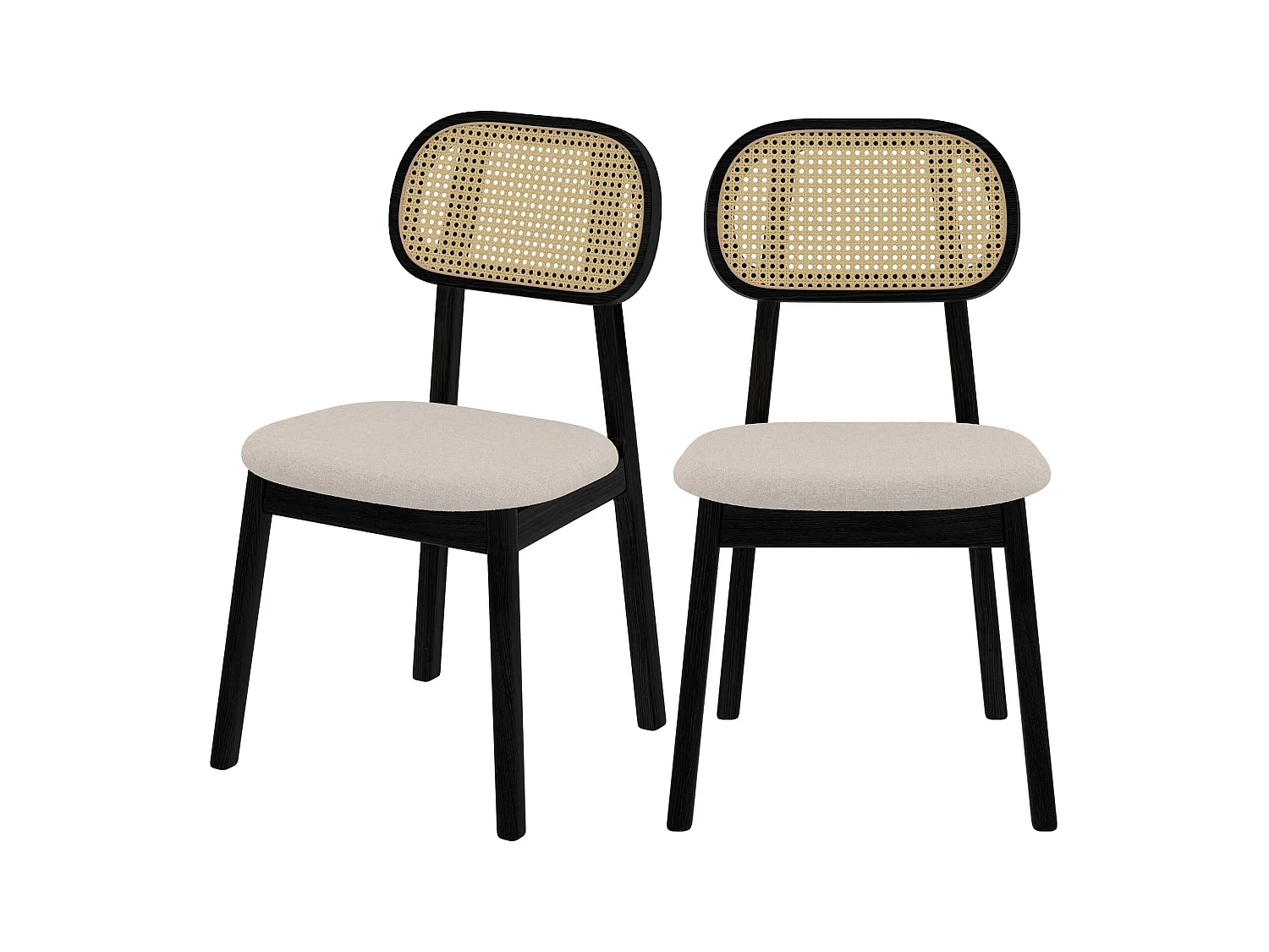 Lot de 2 chaises en bois noir, tissu beige et rotin synthétique - Maria