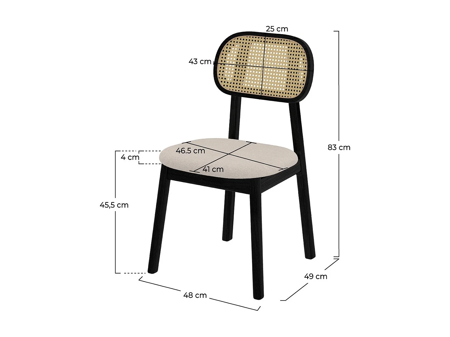 Set de 2 sillas en madera negra, tela beige y ratán - Maria