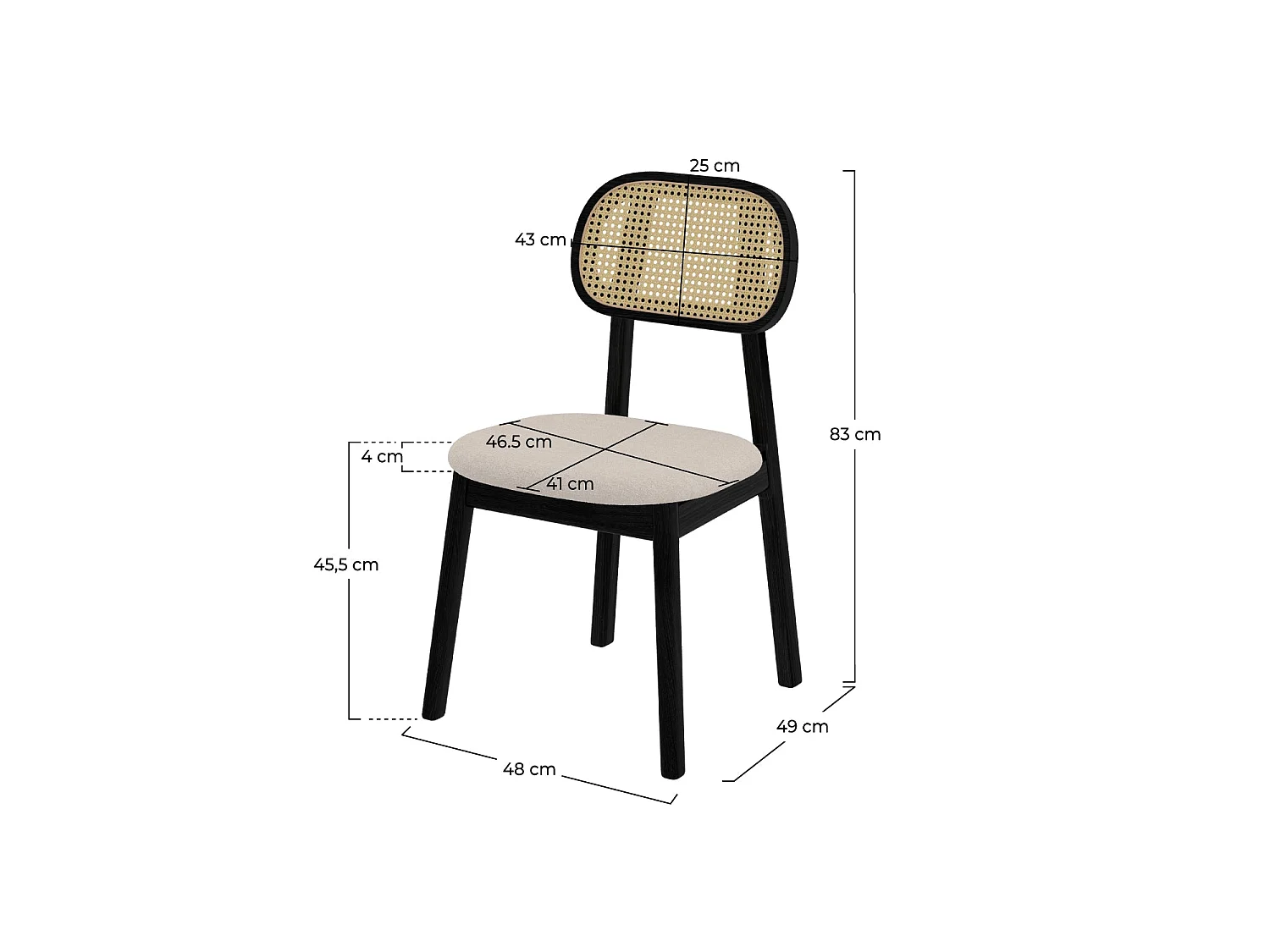 Set di 2 sedie in legno nero, tessuto beige e rattan sintetico - Maria