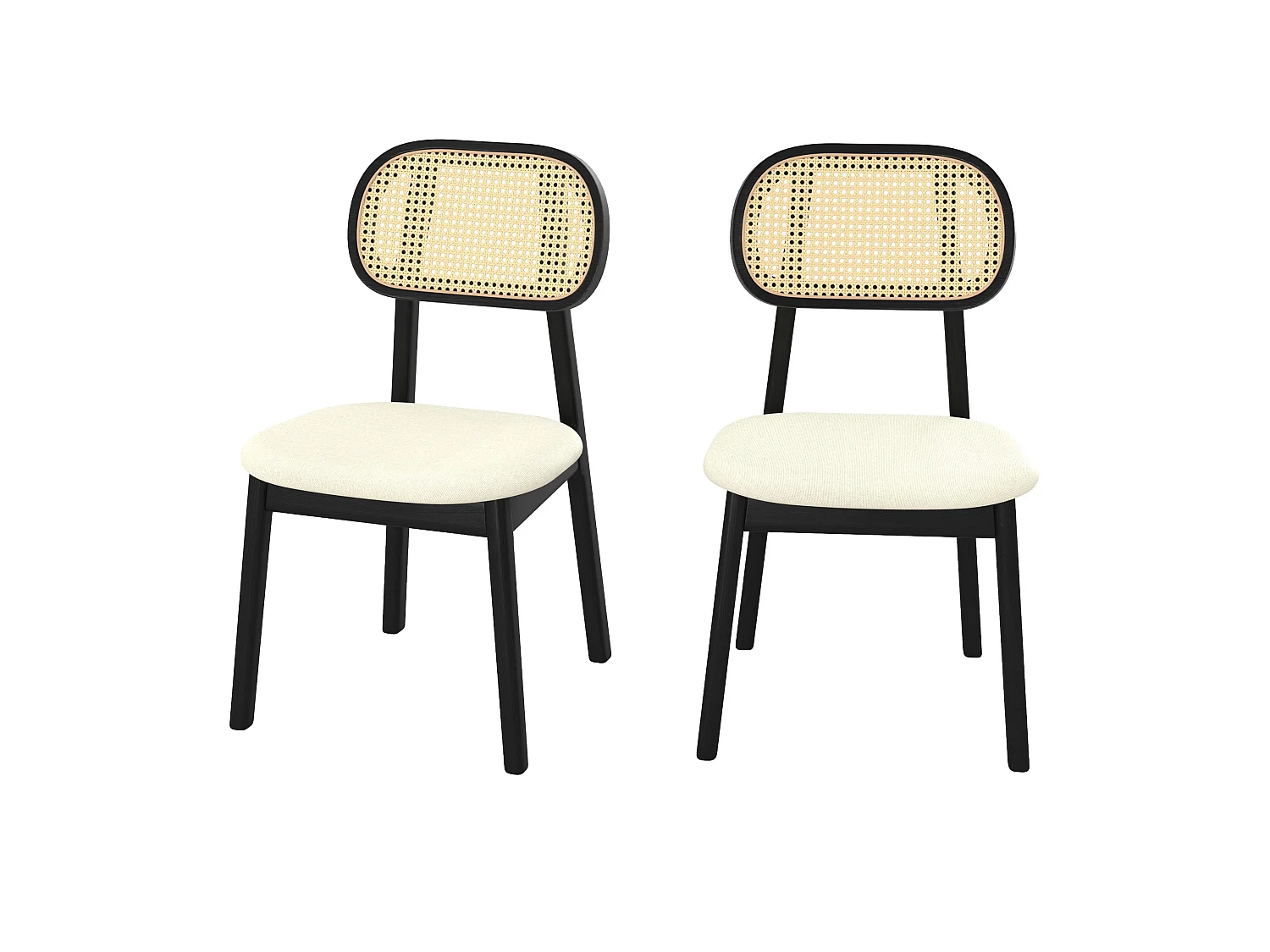 2er Set schwarze Holzstühle mit beige Stoff und synthetischem Rattan - Maria