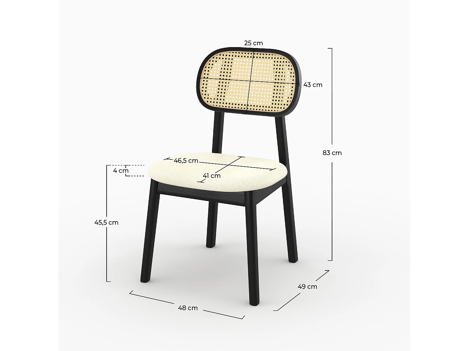 2er Set schwarze Holzstühle mit beige Stoff und synthetischem Rattan - Maria