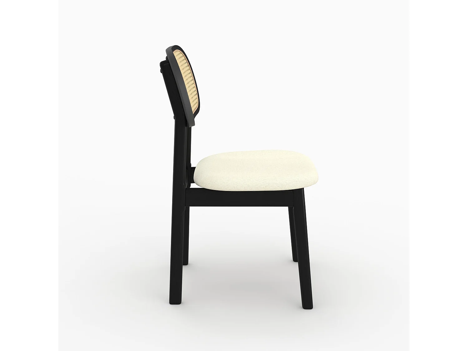 2er Set schwarze Holzstühle mit beige Stoff und synthetischem Rattan - Maria