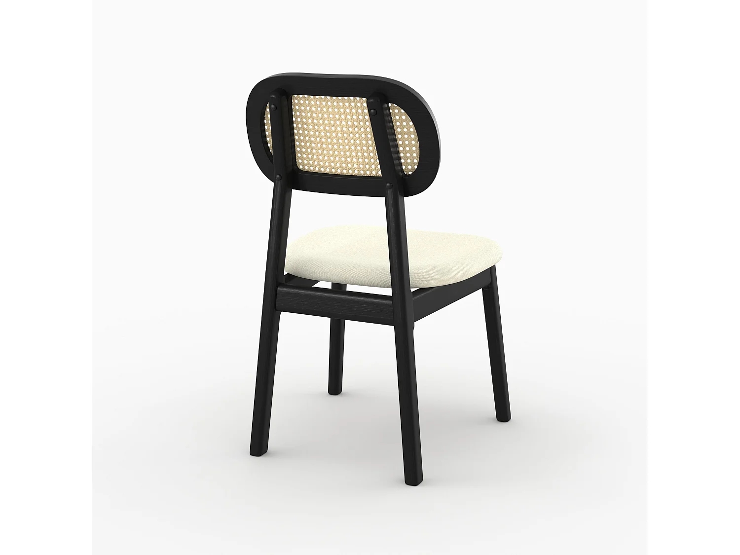 2er Set schwarze Holzstühle mit beige Stoff und synthetischem Rattan - Maria