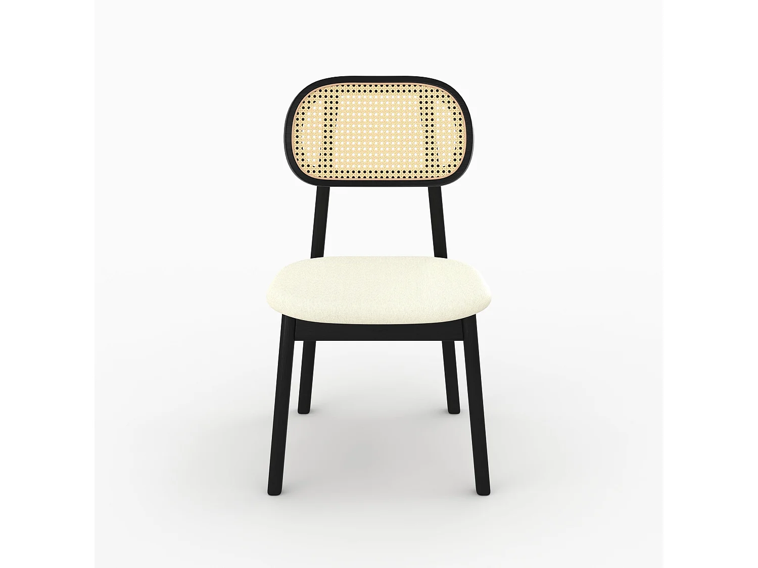 2er Set schwarze Holzstühle mit beige Stoff und synthetischem Rattan - Maria
