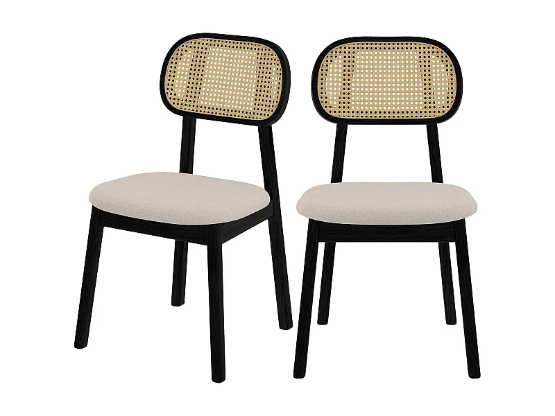 Lot de 2 chaises en bois noir, tissu beige et rotin synthétique - Maria