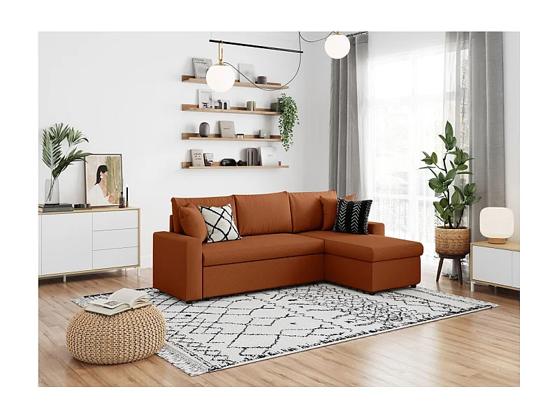 Canapé d'angle 3 places convertible réversible Maria en velours côtelé avec coffre - Terracotta - L227 x P146 x H81cm - Loungitude