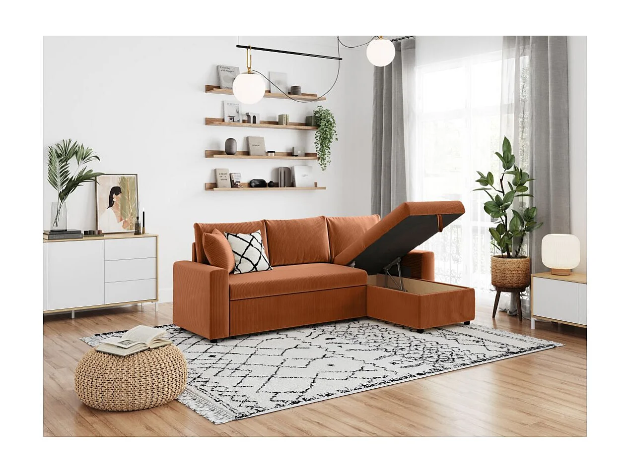 Canapé d'angle 3 places convertible réversible Maria en velours côtelé avec coffre - Terracotta - L227 x P146 x H81cm - Loungitude