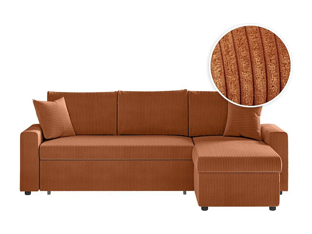 Canapé d'angle 3 places convertible réversible Maria en velours côtelé avec coffre - Terracotta - L227 x P146 x H81cm - Loungitude