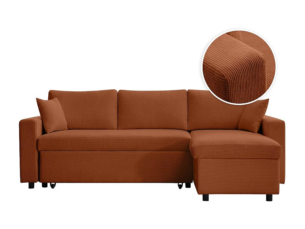Canapé d'angle 3 places convertible réversible Maria en velours côtelé avec coffre - Terracotta - L227 x P146 x H81cm - Loungitude