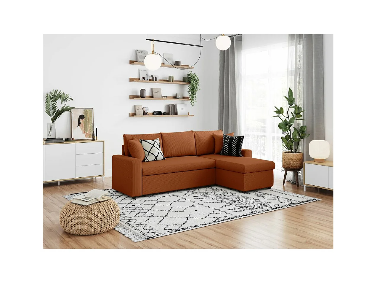 Canapé d'angle 3 places convertible réversible Maria en velours côtelé avec coffre - Terracotta - L227 x P146 x H81cm - Loungitude