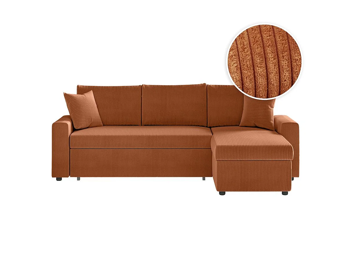 Canapé d'angle 3 places convertible réversible Maria en velours côtelé avec coffre - Terracotta - L227 x P146 x H81cm - Loungitude