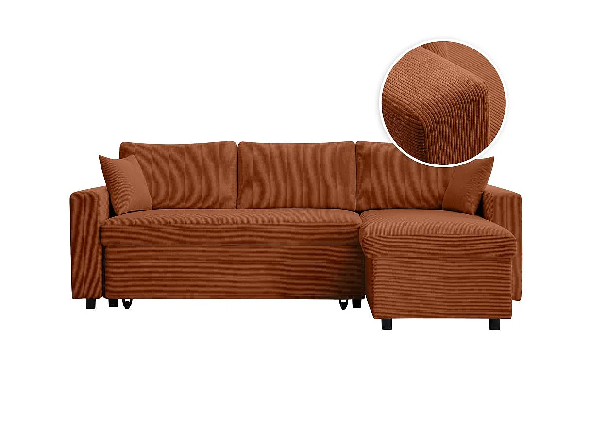 Canapé d'angle 3 places convertible réversible Maria en velours côtelé avec coffre - Terracotta - L227 x P146 x H81cm - Loungitude