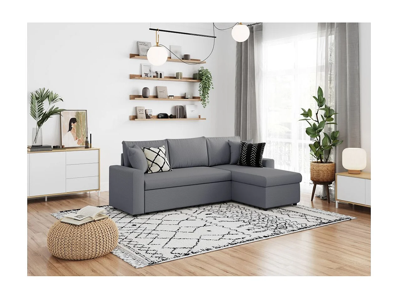 Canapé d'angle 3 places convertible réversible Maria en velours côtelé fin avec coffre - Gris - L227 x P146 x H81cm - Loungitude