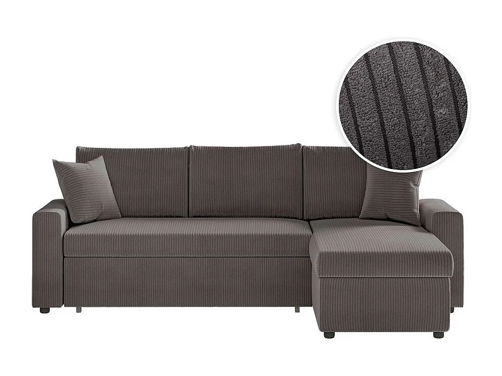 Canapé d'angle 3 places convertible réversible Maria en velours côtelé fin avec coffre - Gris - L227 x P146 x H81cm - Loungitude
