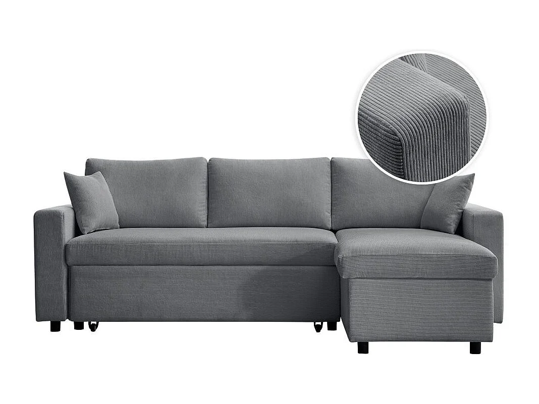 Canapé d'angle 3 places convertible réversible Maria en velours côtelé fin avec coffre - Gris - L227 x P146 x H81cm - Loungitude