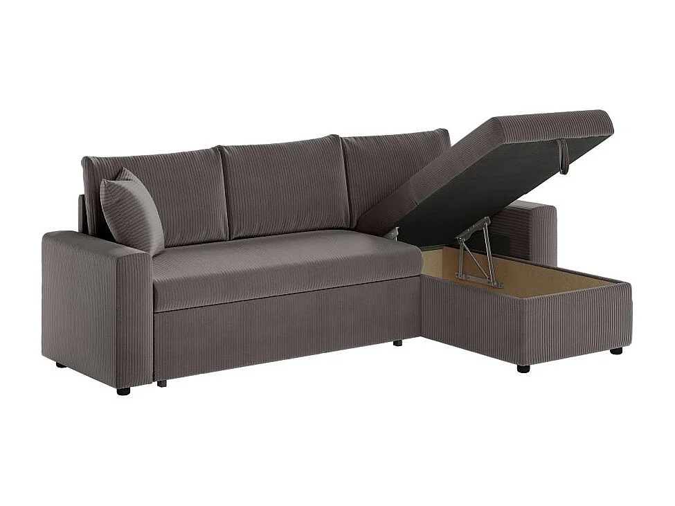 Canapé d'angle 3 places convertible réversible Maria en velours côtelé fin avec coffre - Gris - L227 x P146 x H81cm - Loungitude