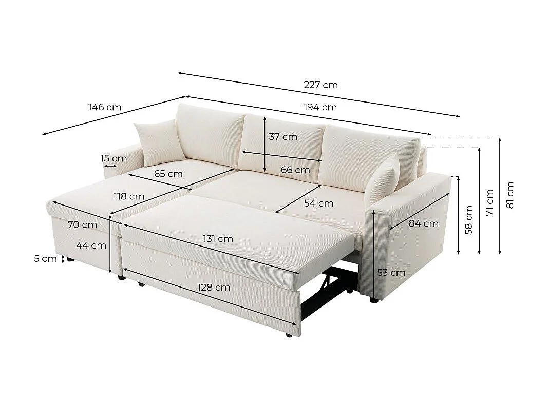 Canapé d'angle 3 places convertible réversible Maria en velours côtelé fin avec coffre - Gris - L227 x P146 x H81cm - Loungitude