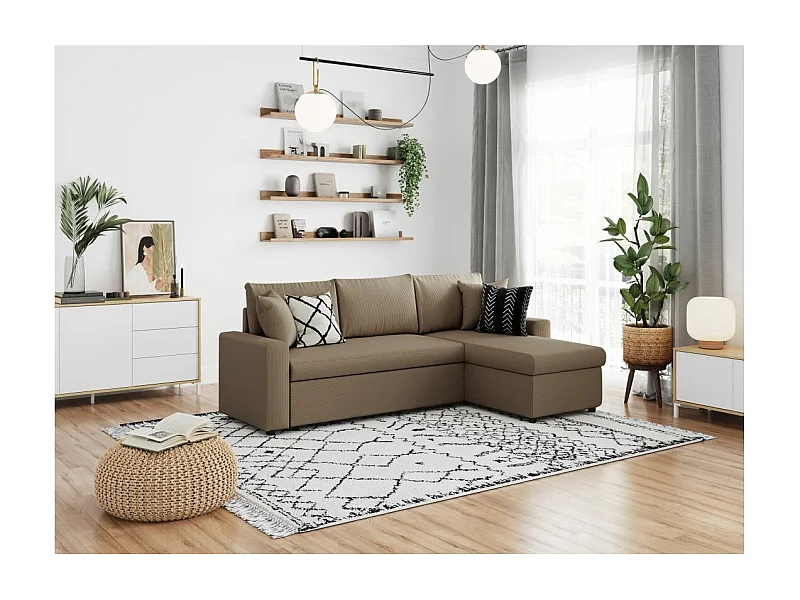 Canapé d'angle 3 places convertible réversible Maria en velours côtelé fin avec coffre - Taupe - L227 x P146 x H81cm - Loungitude