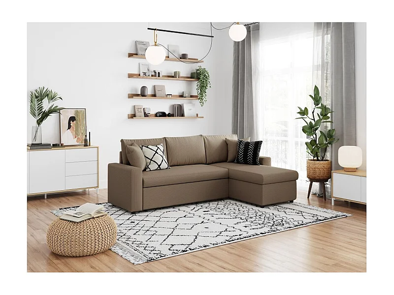 Canapé d'angle 3 places convertible réversible Maria en velours côtelé fin avec coffre - Taupe - L227 x P146 x H81cm - Loungitude