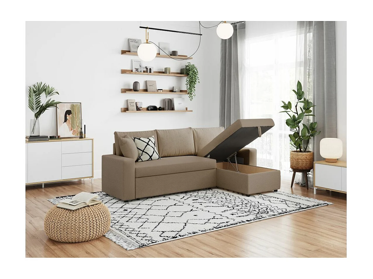 Canapé d'angle 3 places convertible réversible Maria en velours côtelé fin avec coffre - Taupe - L227 x P146 x H81cm - Loungitude