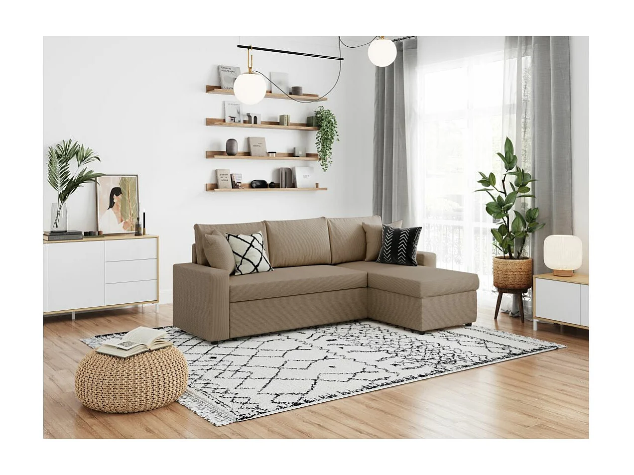 Canapé d'angle 3 places convertible réversible Maria en velours côtelé fin avec coffre - Taupe - L227 x P146 x H81cm - Loungitude