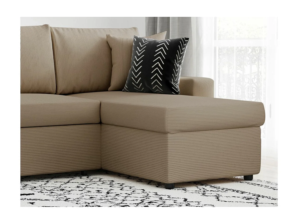 Canapé d'angle 3 places convertible réversible Maria en velours côtelé fin avec coffre - Taupe - L227 x P146 x H81cm - Loungitude