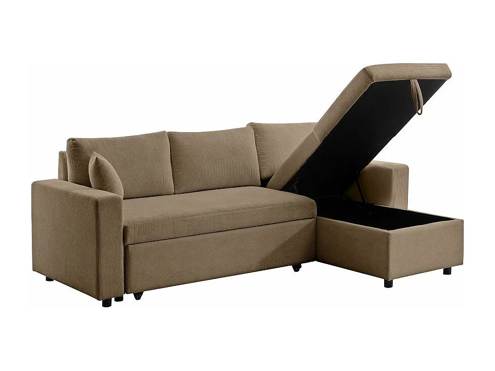 Canapé d'angle 3 places convertible réversible Maria en velours côtelé fin avec coffre - Taupe - L227 x P146 x H81cm - Loungitude