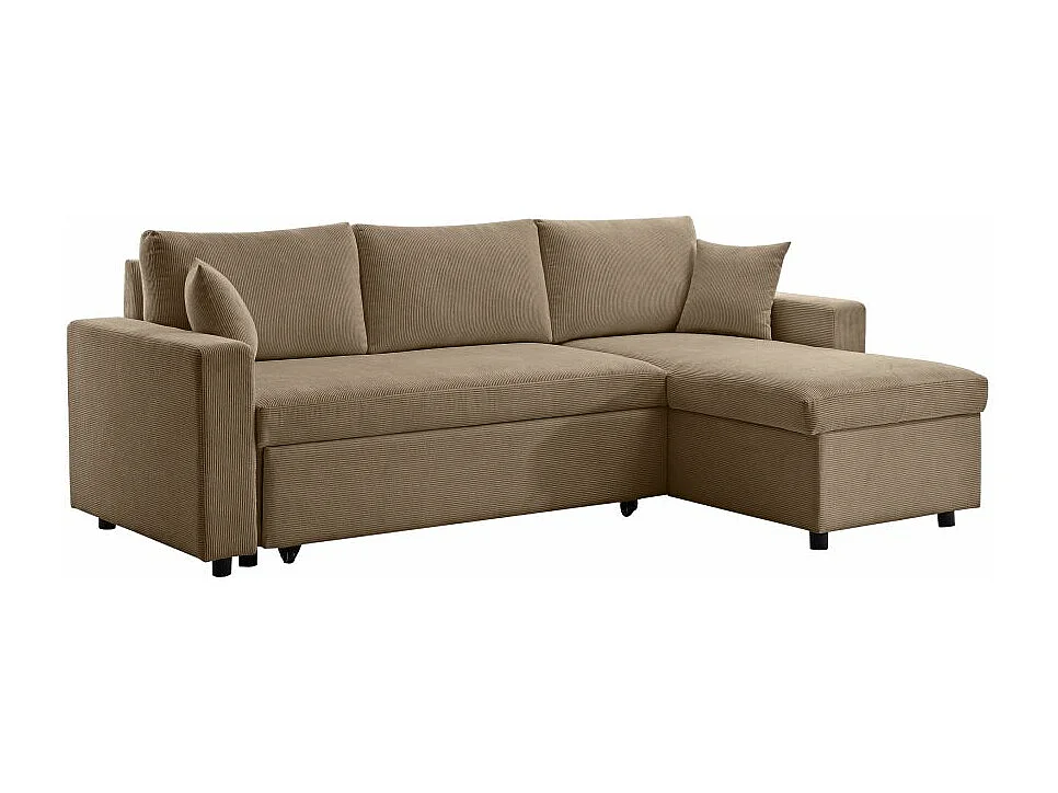 Canapé d'angle 3 places convertible réversible Maria en velours côtelé fin avec coffre - Taupe - L227 x P146 x H81cm - Loungitude