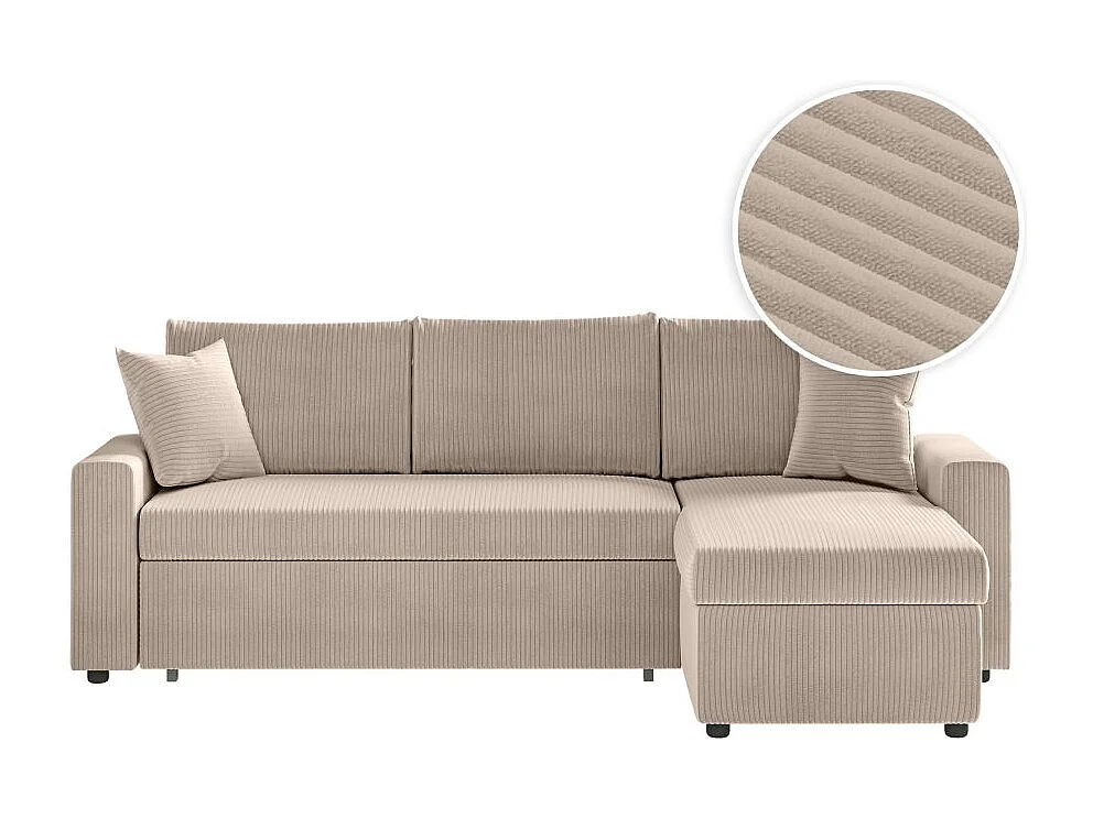 Canapé d'angle 3 places convertible réversible Maria en velours côtelé fin avec coffre - Taupe - L227 x P146 x H81cm - Loungitude