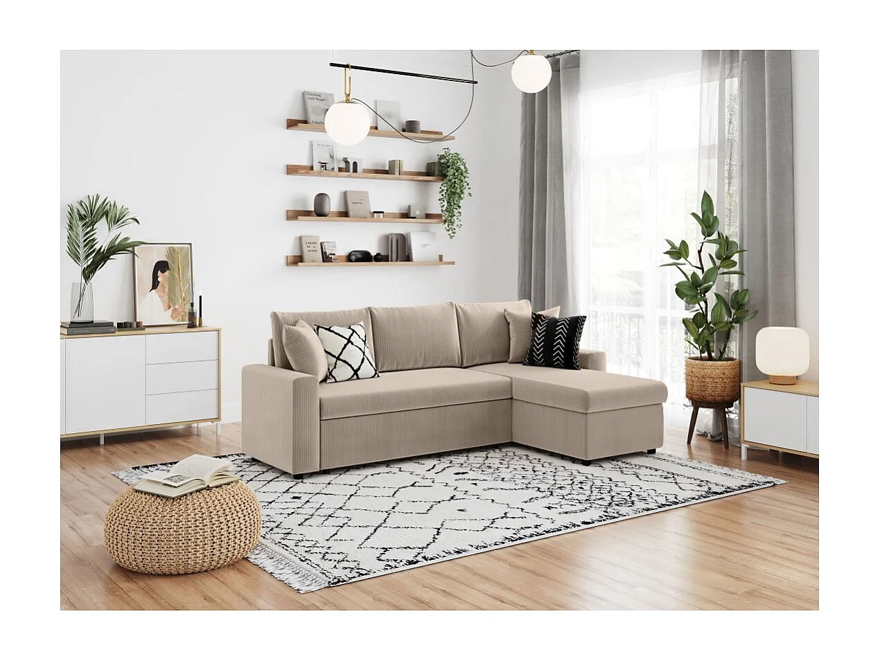 Canapé d'angle 3 places convertible réversible Maria en velours côtelé fin avec coffre - Taupe - L227 x P146 x H81cm - Loungitude