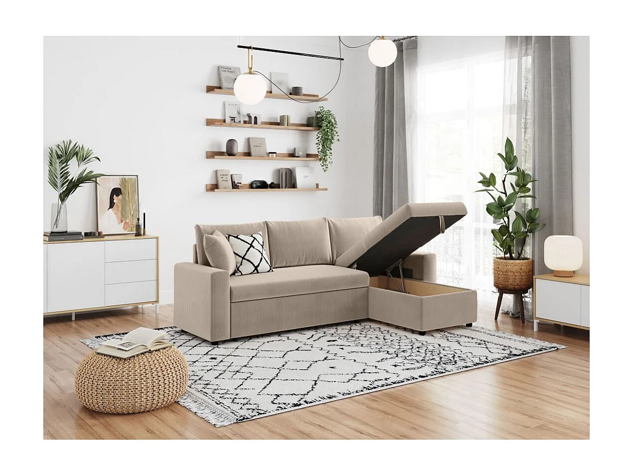 Canapé d'angle 3 places convertible réversible Maria en velours côtelé fin avec coffre - Taupe - L227 x P146 x H81cm - Loungitude