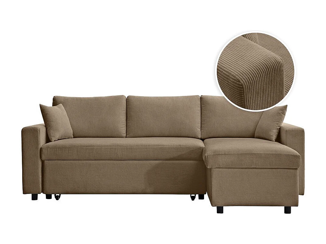 Canapé d'angle 3 places convertible réversible Maria en velours côtelé fin avec coffre - Taupe - L227 x P146 x H81cm - Loungitude